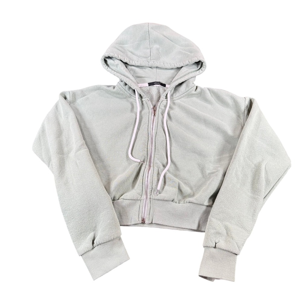 Forever 21 Womens Cropped Zip Up Hoodie Sage Green Fleece Sweatshirt